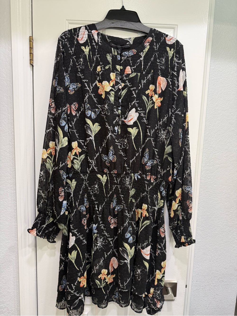 Black White House black market Floral & Butterfly smocked blouson Dress